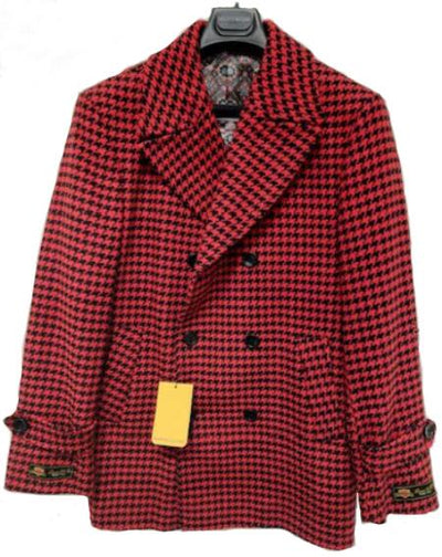 Mens Plaid Peacoat - Plaid Pattern Red Coat