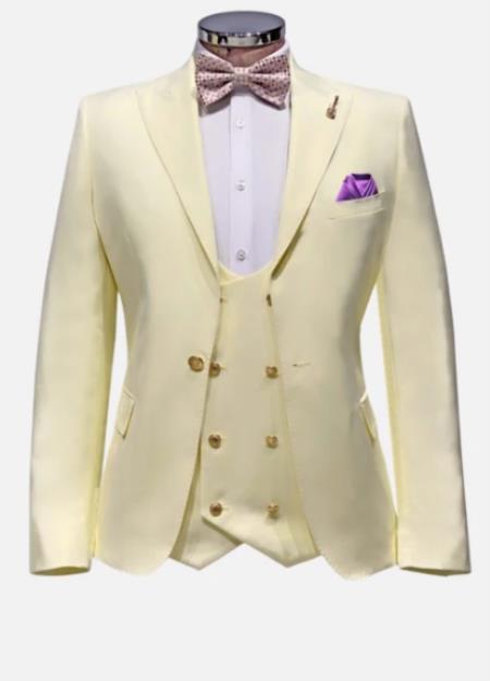 Ivory Suit with Gold Button Accents for Men