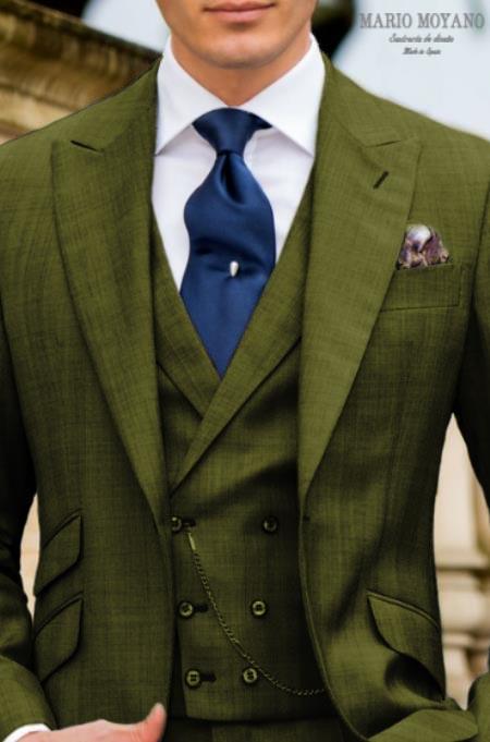 Dark Olive Suit With Double Breasted Vest Grooms And Groomsmen Suit
