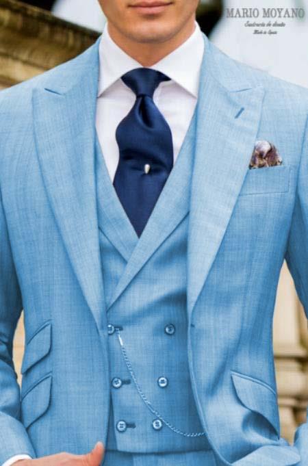 Light Blue Suit With Double Breasted Vest Grooms And Groomsmen Suit