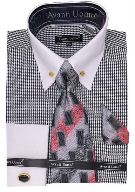 Black Houndstooth Dress Shirt Set with Cuff
