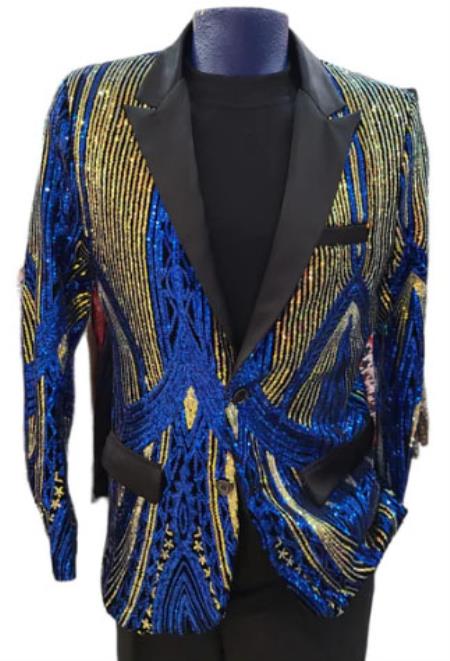Mens Two Toned Sequin Blazer - Royal Blue Prom Shiny Tuxedo Slim Fit