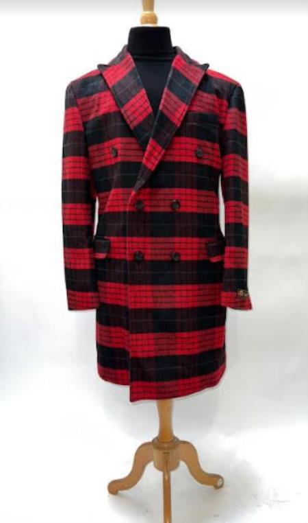 Men’s Red and Black Plaid Double-Breasted Overcoat – Wool-Blend Peacoat and Winter Topcoat