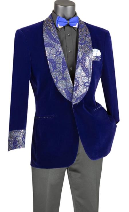 Mens Blue Regular Fit Velvet Jacket with Wide Shawl Lapel Blue