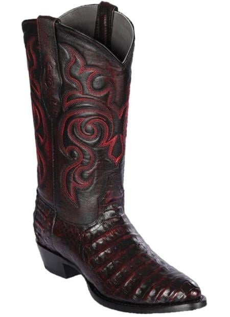 Los Altos Men’s Black Cherry Caiman Belly Boots, Round Toe Exotic Western Cowboy Dress Boots