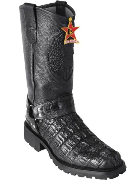 Los Altos Men’s Black Caiman Tail Skin Biker Boots, Exotic Western Motorcycle Boots