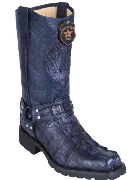 Men’s Los Altos Navy Blue Caiman Tail Skin Biker Boots – Exotic Leather Western Motorcycle Boots