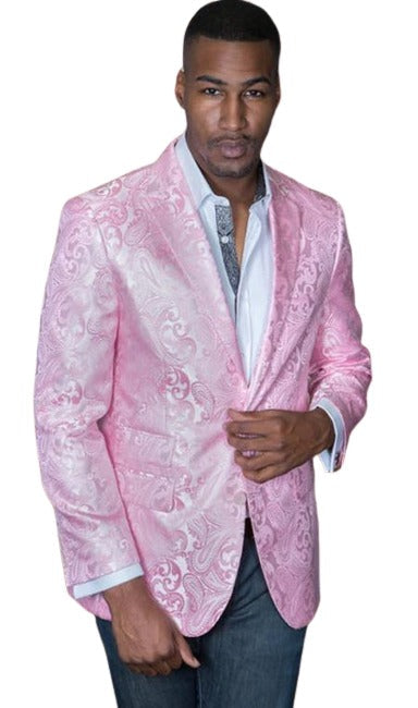 Mens Light Pink Paisley Blazer - Big and Tall Sport Coat With Bowtie