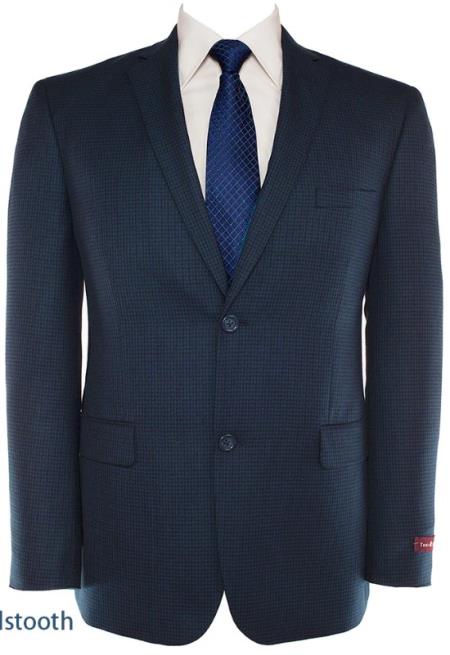 Mens Slim Fit Jacket Single Breasted Two Buttons Blazer Blue Houndstooth