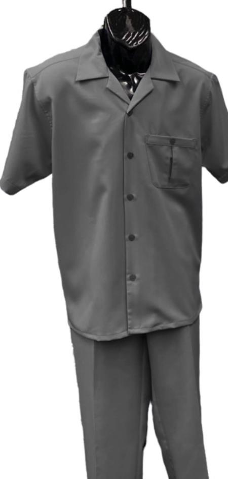 Men’s Grey Big and Tall Walking Suit, Short Sleeve Casual Shirt and Pants Set up to 6XL