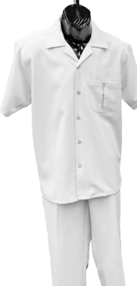 Men’s White Big and Tall Walking Suit, Short Sleeve Casual Shirt and Pants Set up to 6XL