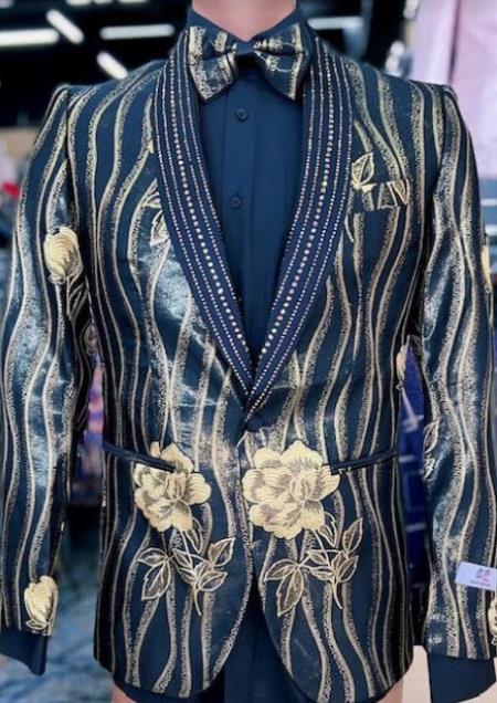 SKU#JA60644 Black and Gold Sequin - Paisley Tuxedo Dinner Jacket With Bowtie