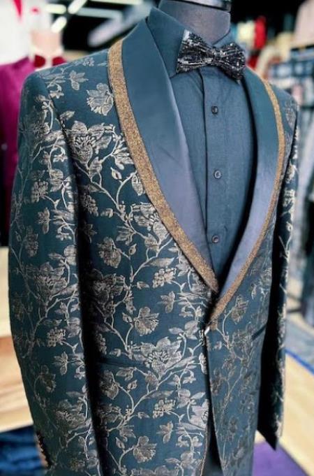 SKU#JA60645 Black and Gold Sequin - Paisley Tuxedo Dinner Jacket With Bowtie