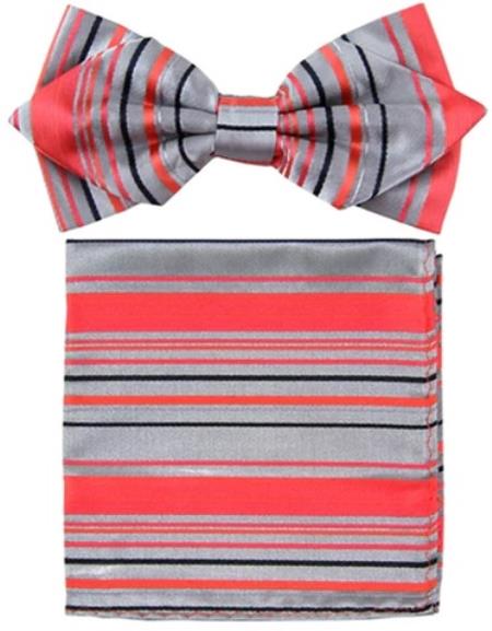 Mens Formal - Wedding Bowtie - Prom Grey and Orange Stripe Bowtie