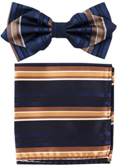 Mens Formal - Wedding Bowtie - Prom Navy and Brown Stripe Bowtie
