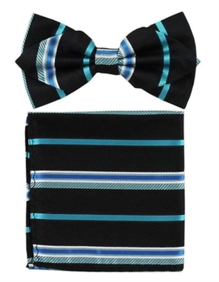 Mens Formal - Wedding Bowtie - Prom Black and Teal Stripe Bowtie