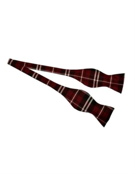 Mens Formal - Wedding Bowtie - Prom Burgundy Plaid Self Tie Bowtie