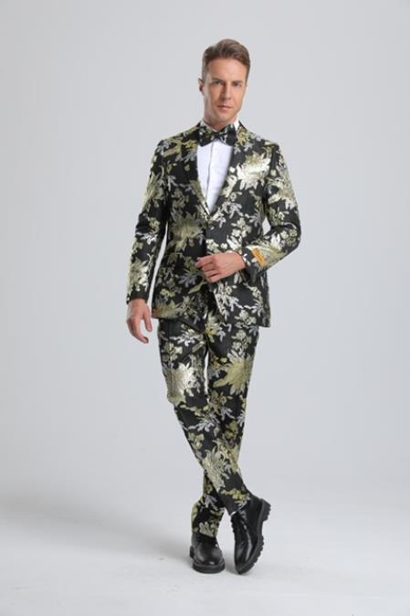Black Gold Paisley Wedding Tuxedo with Bowtie