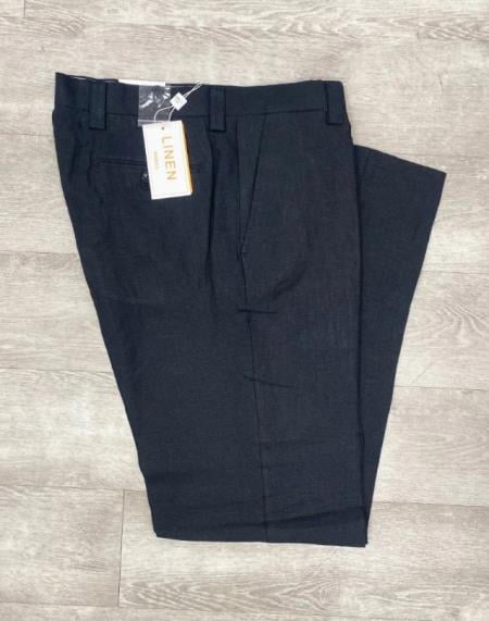 Linen Flat Front Pants Black