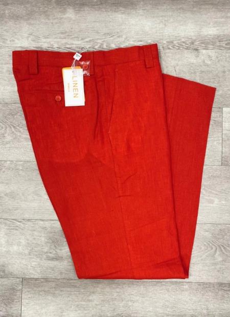 Linen Flat Front Pants Red