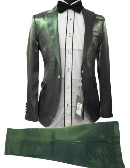 Rossiman Men’s Green Sateen Suit | Glossy Finish with Modern Flair – Italian Tailored Double-Breasted Luxury Suit
