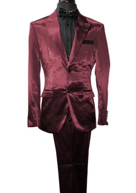 Mens Shiny Blazer - Burgundy Sateen Vested Suit