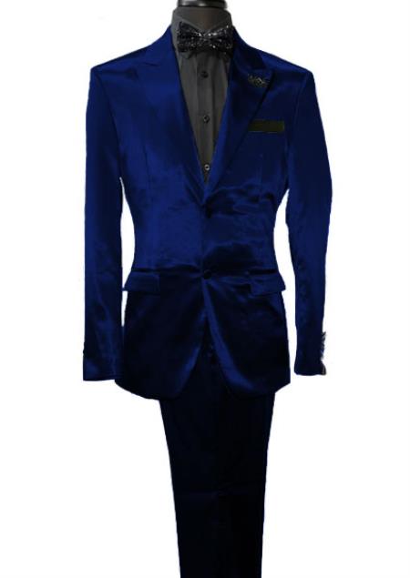 Mens Shiny Blazer - Royal Blue Sateen Vested Suit