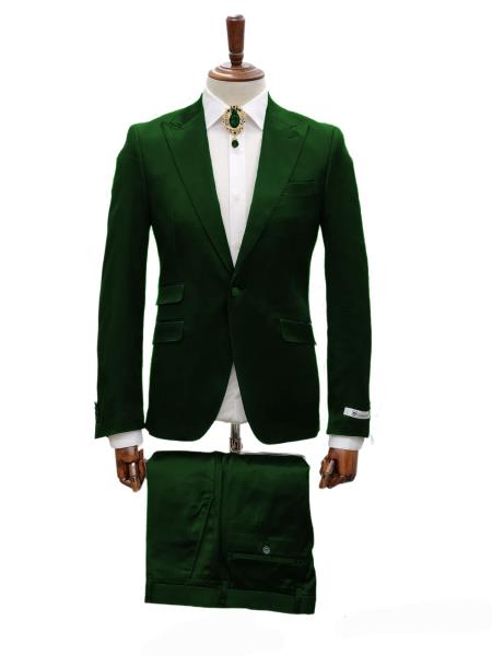 Mens Shiny Blazer - Hunter Green Sateen Vested Suit
