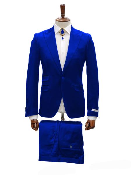 Mens Shiny Blazer - Navy Sateen Vested Suit