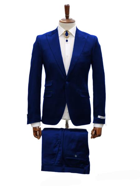 Mens Shiny Blazer - Royal Blue Sateen Vested Suit