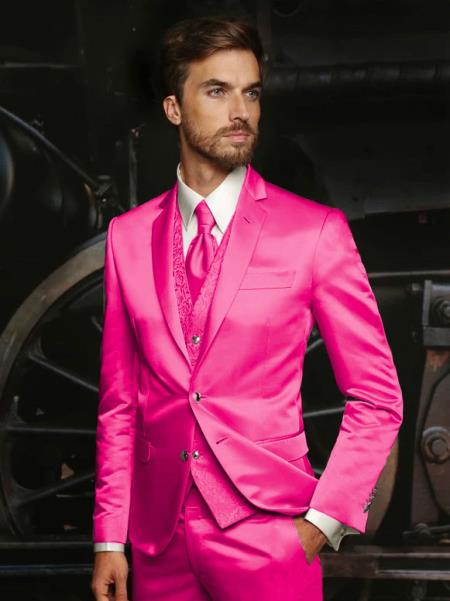 Mens Shiny Blazer - Hot Pink Sateen Vested Suit