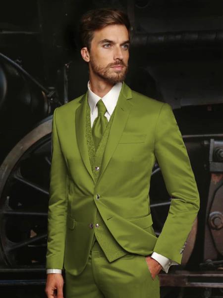 Mens Shiny Blazer - Olive Green Sateen Vested Suit