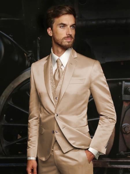 Tan Sateen Mens Shiny Blazer Vested Suit
