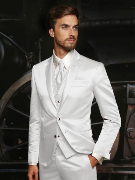 Shiny White Sateen Vested Blazer by ROSSI MAN