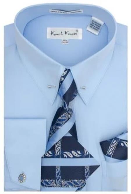 Blue Pin Collar Dress Shirt With Collar Bar