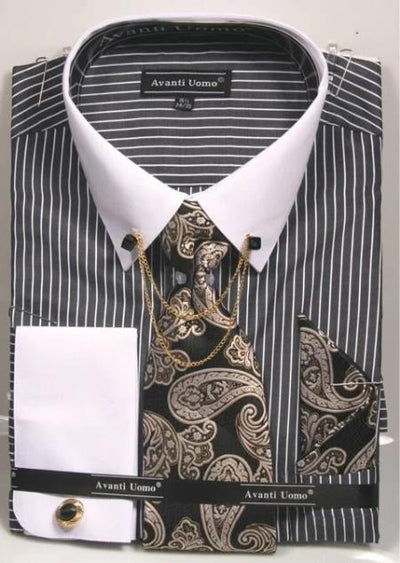 Black Pin Collar Dress Shirt With Collar Bar