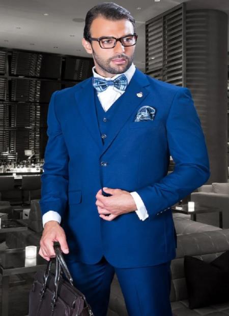 Mens Suits Regular Fit - Wool Suit - Pleated Pants - Sapphire Blue Suit