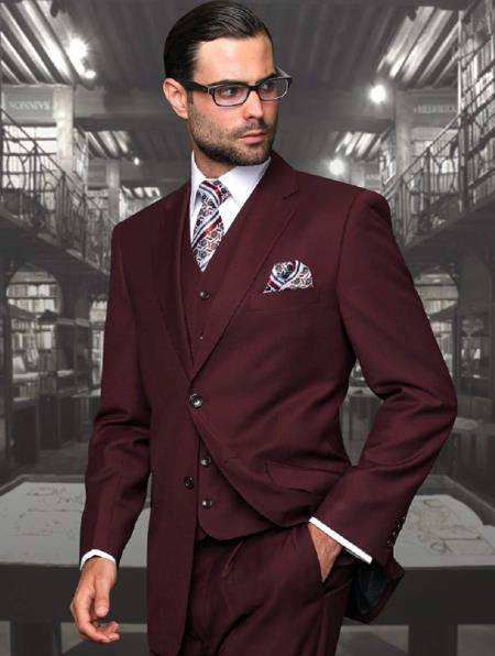 Men’s Burgundy 3-Piece Wool Suit – Regular Fit Wedding, Business and Formal Suit with Pleated Pants