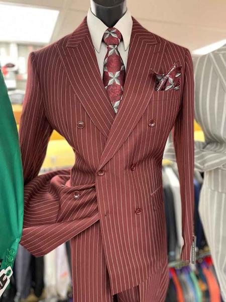 Men’s Maroon Pinstripe Double Breasted Suit, 6 Button Peak Lapel Formal Wedding Business Suit