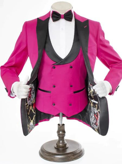 Mens 2 Button Peak Lapel Prom Tuxedo with Double Breasted Vest in Rose Pink