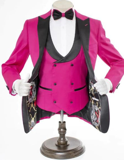 Mens 2 Button Peak Lapel Prom Tuxedo with Double Breasted Vest in Rose Pink