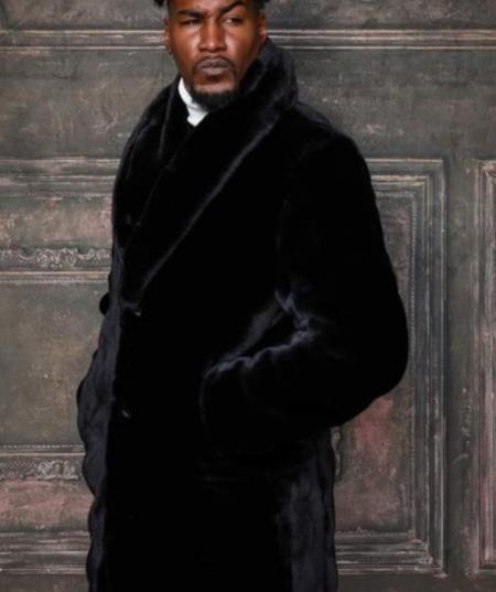 Mens Fashion Black Faux Fur Overcoat