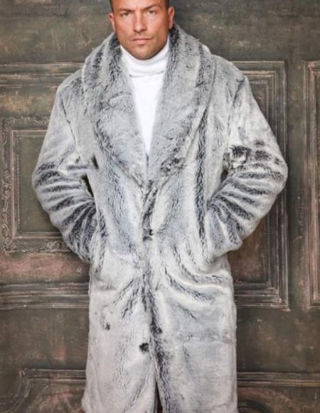 Mens Fashion Silver Faux Fur Overcoat
