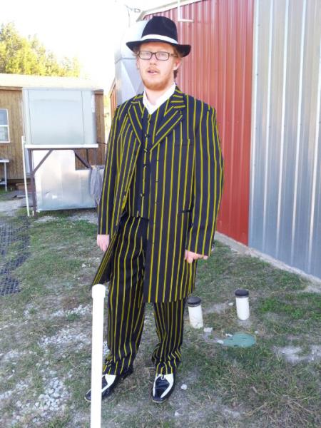 Men’s Black and Yellow Pinstripe Suit with Shoes