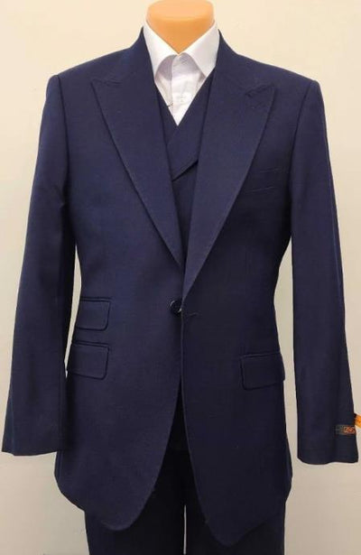 Classic Wool Fabric Fit - Pleated Pants - Peak Lapel With Double Breasted Vest - Athletic Fit Solid Mens Suit