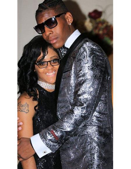 Silver and Black Paisley Blazer - Gray Prom Suit With Black Pants and Matching Bowtie