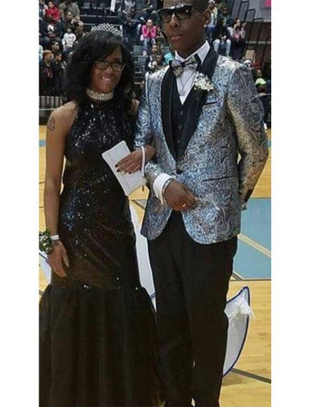 Silver and Black Paisley Blazer - Silver Prom Suit With Black Pants and Matching Bowtie