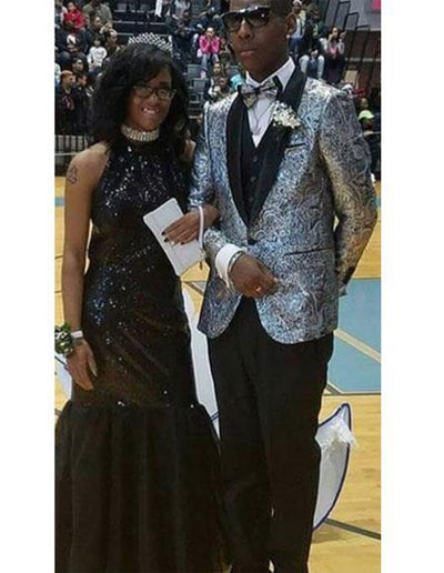 Silver and Black Paisley Blazer - Silver Prom Suit With Black Pants and Matching Bowtie