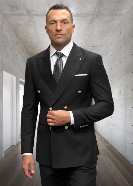 Mens 100% Wool 2 Piece Suit - Wide Peak Lapel Black