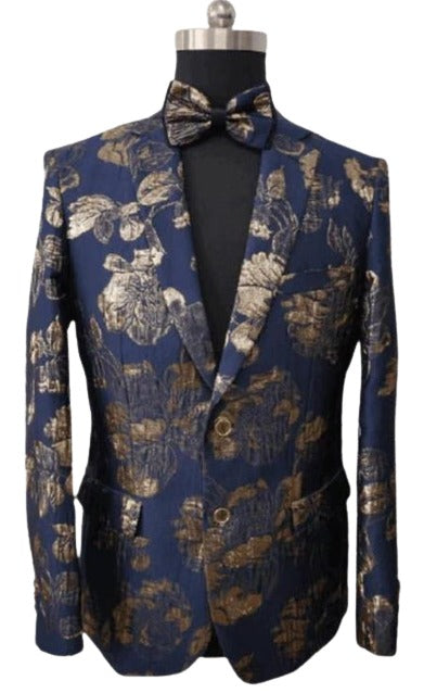 Navy and Gold Blazer - Paisley Sport Coat - Floral Prom Tuxedo